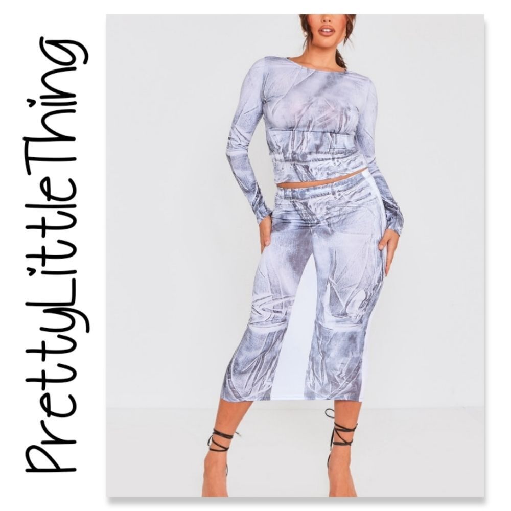 NWT PrettyLittleThing Black Printed Skirt Set